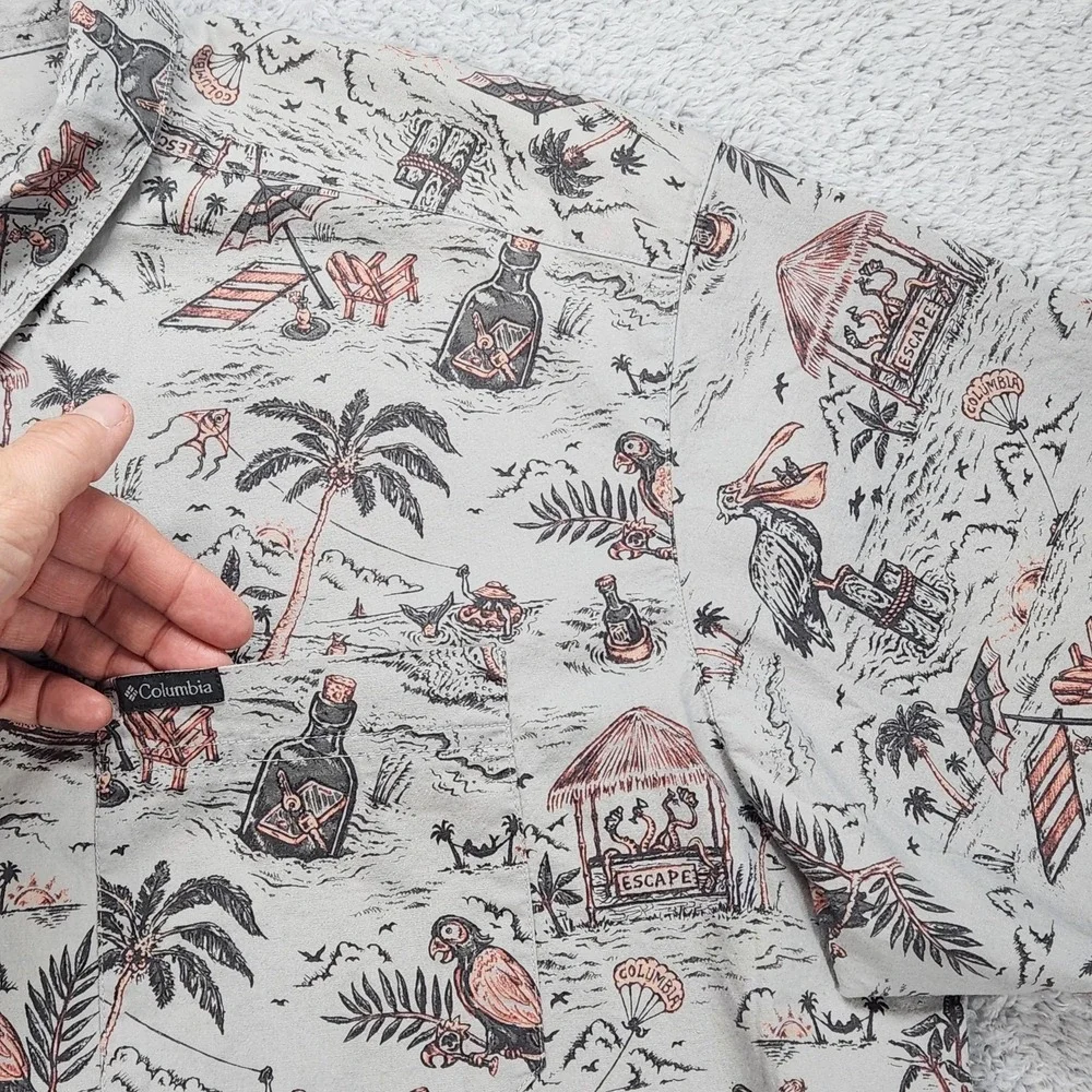 Columbia Shirt Mens XL Gray Tropical Beach Pelican Mermaid Beach S/S Button Up - Picture 4 of 11